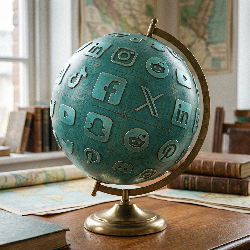 Teal vintage globe on a wooden desk featuring embossed silver social media platform icons.